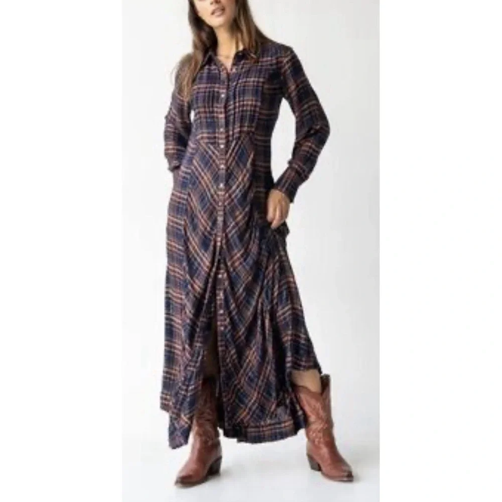 Natural Life Plaid Maxi ShirtDress Boho Long Sleeve Button Front Frayed Fringe S